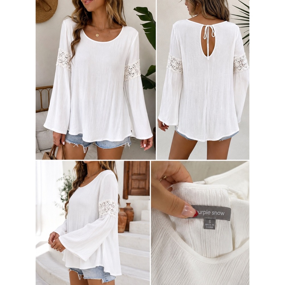 Purple Snow White Boho Crochet Lace Bell Sleeve Keyhole Back Blouse RSA1492